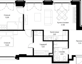 2-комнатная квартира, 72.42 м2 , 4 этаж, корпус Cliff5-3 - фото 1