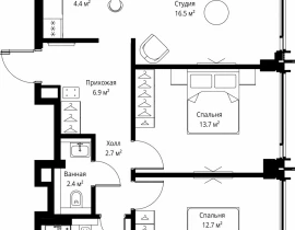 2-комнатная квартира, 63.6 м2 , 30 этаж, 2-я Хуторская, 34 - фото 1
