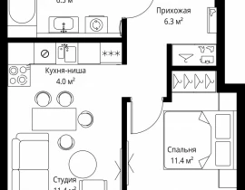 1-комнатная квартира, 39.6 м2 , 10 этаж, 2-я Хуторская, 34 - фото 1