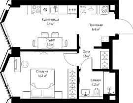 1-комнатная квартира, 41 м2 , 12 этаж, 2-я Хуторская, 34 - фото 1