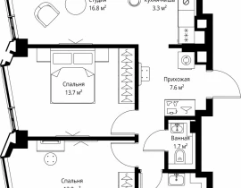 2-комнатная квартира, 61.4 м2 , 46 этаж, 2-я Хуторская, 34 - фото 1