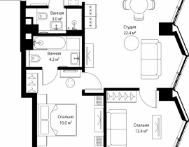 2-комнатная квартира, 70.2 м2 , 7 этаж, 2-я Хуторская, 34 - фото 1