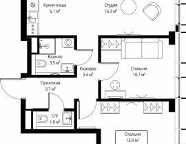 2-комнатная квартира, 59.4 м2 , 42 этаж, 2-я Хуторская, 34 - фото 1