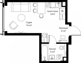 1-комнатная квартира, 27.8 м2 , 35 этаж, 2-я Хуторская, 34 - фото 1