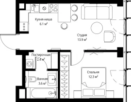 1-комнатная квартира, 38.3 м2 , 6 этаж, 2-я Хуторская, 34 - фото 1
