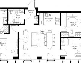 3-комнатная квартира, 82.6 м2 , 9 этаж, 2-я Хуторская, 34 - фото 1