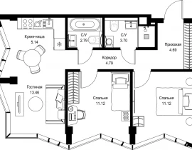 2-комнатная квартира, 56.81 м2 , 11 этаж, пр-т Мира, 186А - фото 1