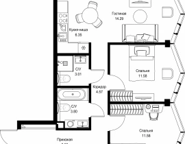 2-комнатная квартира, 64.11 м2 , 22 этаж, пр-т Мира, 186А - фото 1