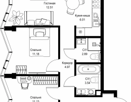 2-комнатная квартира, 59.11 м2 , 23 этаж, пр-т Мира, 186А - фото 1