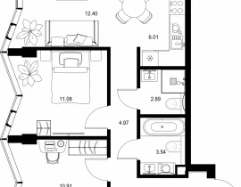2-комнатная квартира, 58.29 м2 , 3 этаж, пр-т Мира, 186А - фото 1