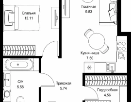 1-комнатная квартира, 46.02 м2 , 3 этаж, пр-т Мира, 186А - фото 1