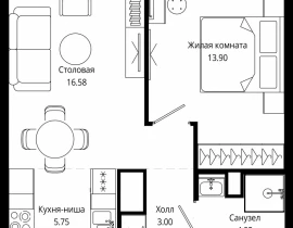 1-комнатная квартира, 43.8 м2 , 49 этаж, 4-я улица Марьиной Рощи, 10 - фото 1