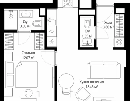 1-комнатная квартира, 38.3 м2 , 19 этаж, Волоколамское шоссе, 97 - фото 1