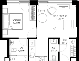 1-комнатная квартира, 38.08 м2 , 43 этаж, Волоколамское шоссе, 97 - фото 1