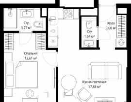1-комнатная квартира, 39.08 м2 , 46 этаж, Волоколамское шоссе, 97 - фото 1