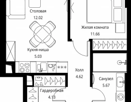 1-комнатная квартира, 43.13 м2 , 14 этаж, Волоколамское шоссе, 95с2 - фото 1