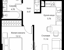 1-комнатная квартира, 39.27 м2 , 15 этаж, Волоколамское шоссе, 95с2 - фото 1
