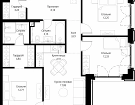 3-комнатная квартира, 85.26 м2 , 11 этаж, корпус Клиф, 3 - фото 1