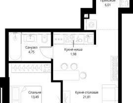 1-комнатная квартира, 48.04 м2 , 3 этаж, корпус Клиф, 3 - фото 1