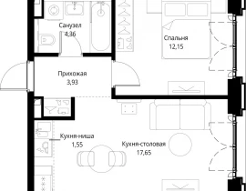 1-комнатная квартира, 39.64 м2 , 5 этаж, корпус Клиф, 3 - фото 1