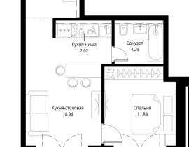 1-комнатная квартира, 54.89 м2 , 4 этаж, корпус Cliff5-4, 2 - фото 1