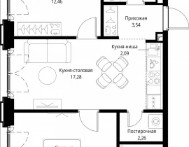 2-комнатная квартира, 59.58 м2 , 6 этаж, корпус Cliff5-2 - фото 1