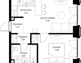 1-комнатная квартира, 38.92 м2 , 4 этаж, квартал Клиф, 5 - фото 1