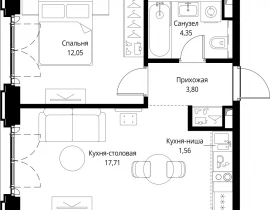 1-комнатная квартира, 39.47 м2 , 7 этаж, квартал Клиф, 5 - фото 1