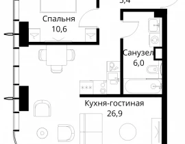 1-комнатная квартира, 48.9 м2 , 35 этаж, Волоколамское шоссе, 95/2 - фото 1