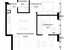 2-комнатная квартира, 68.5 м2 , 55 этаж, Волоколамское шоссе, 95/2 - фото 1