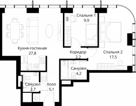 2-комнатная квартира, 69.4 м2 , 17 этаж, Волоколамское шоссе, 95/2 - фото 1