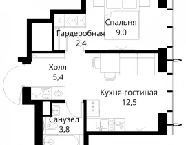 1-комнатная квартира, 33.1 м2 , 35 этаж, Волоколамское шоссе, 95/2 - фото 1
