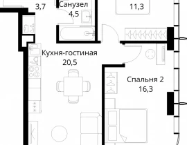 2-комнатная квартира, 56.3 м2 , 46 этаж, Волоколамское шоссе, 95/2 - фото 1