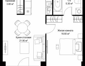 1-комнатная квартира, 48.4 м2 , 18 этаж, Серегина, 5 - фото 1