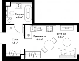 1-комнатная квартира, 24.2 м2 , 12 этаж, ул. Верейская, 29/32Д - фото 1