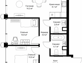 2-комнатная квартира, 60.1 м2 , 52 этаж, ул. Верейская, 29/32Д - фото 1