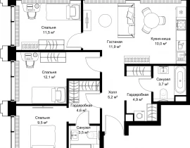 3-комнатная квартира, 76.9 м2 , 33 этаж, ул. Верейская, 29/32Д - фото 1