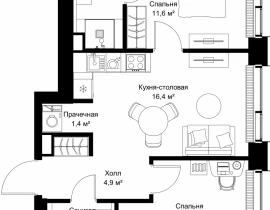 2-комнатная квартира, 52.9 м2 , 3 этаж, ул. Верейская, 29/32Д - фото 1