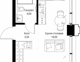 1-комнатная квартира, 25.8 м2 , 3 этаж, ул. Верейская, 29/32Д - фото 1