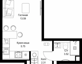 1-комнатная квартира, 25.17 м2 , 23 этаж, ул. Верейская, 29/32Д - фото 1