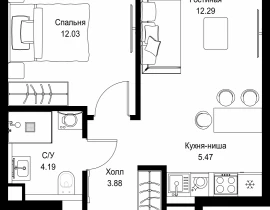 1-комнатная квартира, 37.86 м2 , 32 этаж, ул. Верейская, 29/32Д - фото 1
