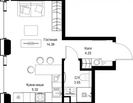 1-комнатная квартира, 27.51 м2 , 36 этаж, ул. Верейская, 29/32Д - фото 1