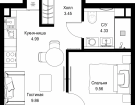 1-комнатная квартира, 32.19 м2 , 59 этаж, ул. Верейская, 29/32Д - фото 1