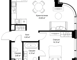 1-комнатная квартира, 49.2 м2 , 21 этаж, Вишневая, 7 - фото 1