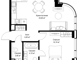 1-комнатная квартира, 49.2 м2 , 27 этаж, Вишневая, 7 - фото 1