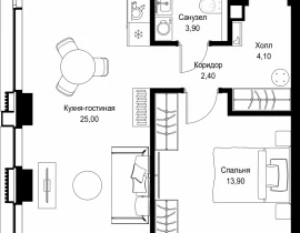 1-комнатная квартира, 49.3 м2 , 25 этаж, Вишневая, 7 - фото 1