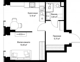1-комнатная квартира, 35 м2 , 16 этаж, Вишневая, 7 - фото 1