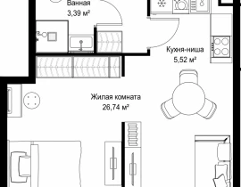 1-комнатная квартира, 38.59 м2 , 20 этаж, Вишневая, 7 - фото 1