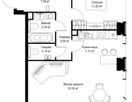 2-комнатная квартира, 58.88 м2 , 9 этаж, Вишневая, 7 - фото 1