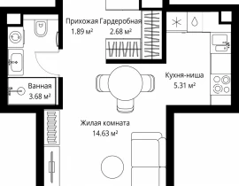 1-комнатная квартира, 28.19 м2 , 9 этаж, ул. Верейская, 29/42 - фото 1